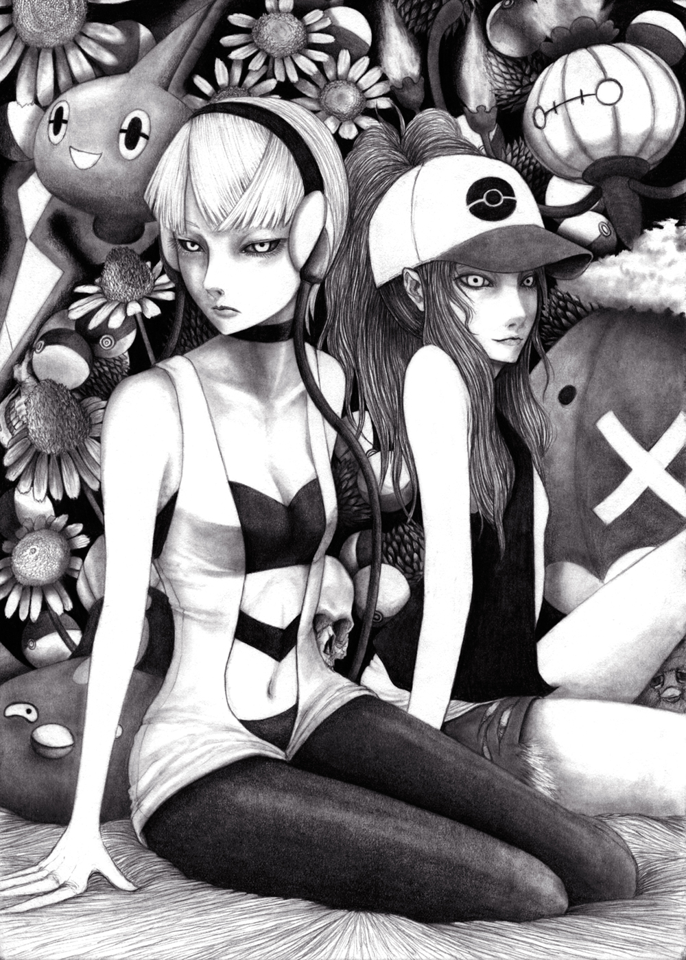 10s 2girls bad_id bad_pixiv_id black_sclera chandelure colored_sclera drifblim elesa_(pokemon) flower furby gen_4_pokemon gen_5_pokemon greyscale gym_leader hane_(azelye) highres hilda_(pokemon) monochrome multiple_girls nintendo pantyhose poke_ball poke_ball_(basic) pokemon pokemon_(creature) pokemon_bw rotom rotom_(normal) skull stunfisk sunflower