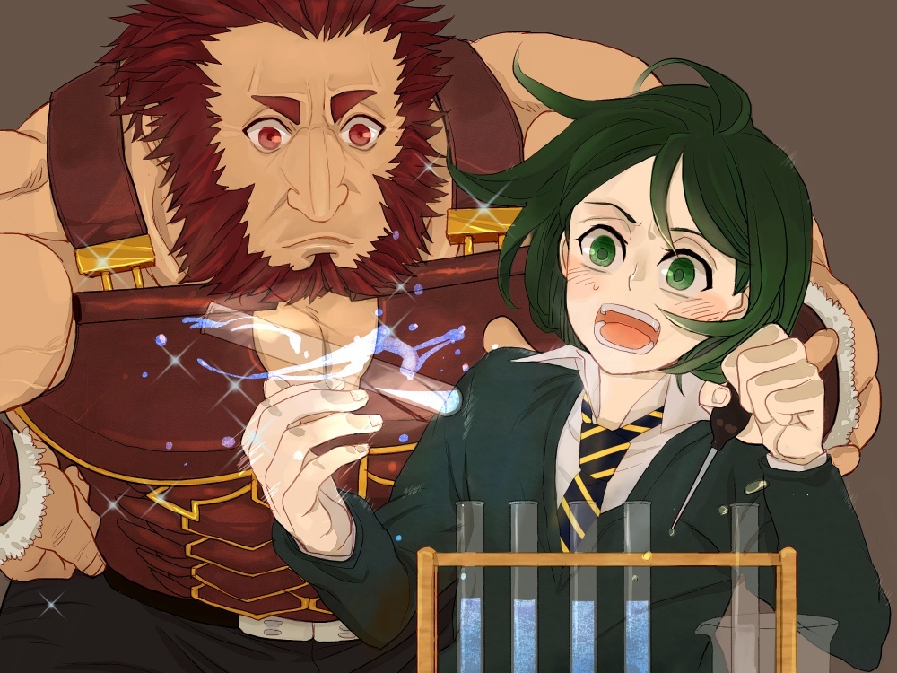2boys armor beard blush chemistry_set chihare_27 facial_hair fate/zero fate_(series) green_eyes green_hair iskandar_(fate) multiple_boys parted_bangs red_eyes red_hair size_difference sparkle test_tube waver_velvet