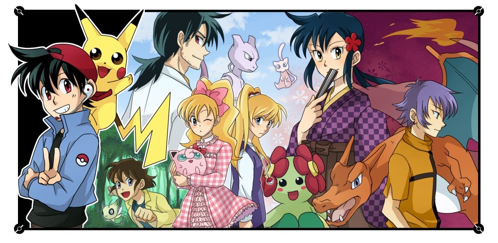 3girls 4boys :d ash_ketchum baseball_cap bellossom celebi charizard creature crossed_arms flame-tipped_tail gen_1_pokemon gen_2_pokemon hand_fan hat headset holding holding_fan jigglypuff legendary_pokemon lisa_(pokemon) liza_(pokemon) long_sleeves looking_at_viewer mew_(pokemon) mewtwo multiple_boys multiple_girls mythical_pokemon nintendo open_mouth pikachu pokemon pokemon_(creature) pokemon_gotta_catch_&#039;em_all sewenan short_hair shuu_(get_da_ze!) smile upper_body waving