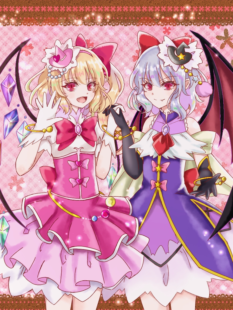 2girls alternate_costume alternate_headwear bat_wings black_gloves black_hat blonde_hair bow bowtie closed_mouth commentary_request cosplay crystal crystal_wings cure_magical cure_magical_(cosplay) cure_miracle cure_miracle_(cosplay) dress elbow_gloves fang fang_out flandre_scarlet gloves hair_bow hat hat_ornament heart heart_hat_ornament holding_hands interlocked_fingers long_hair looking_at_viewer mahou_girls_precure! mini_hat mini_witch_hat mito_(fate) multiple_girls one_side_up open_mouth pink_bow pink_bowtie pink_dress pink_hat precure purple_dress red_bow red_eyes remilia_scarlet siblings sisters smile star_(symbol) star_hat_ornament touhou white_gloves wings witch_hat