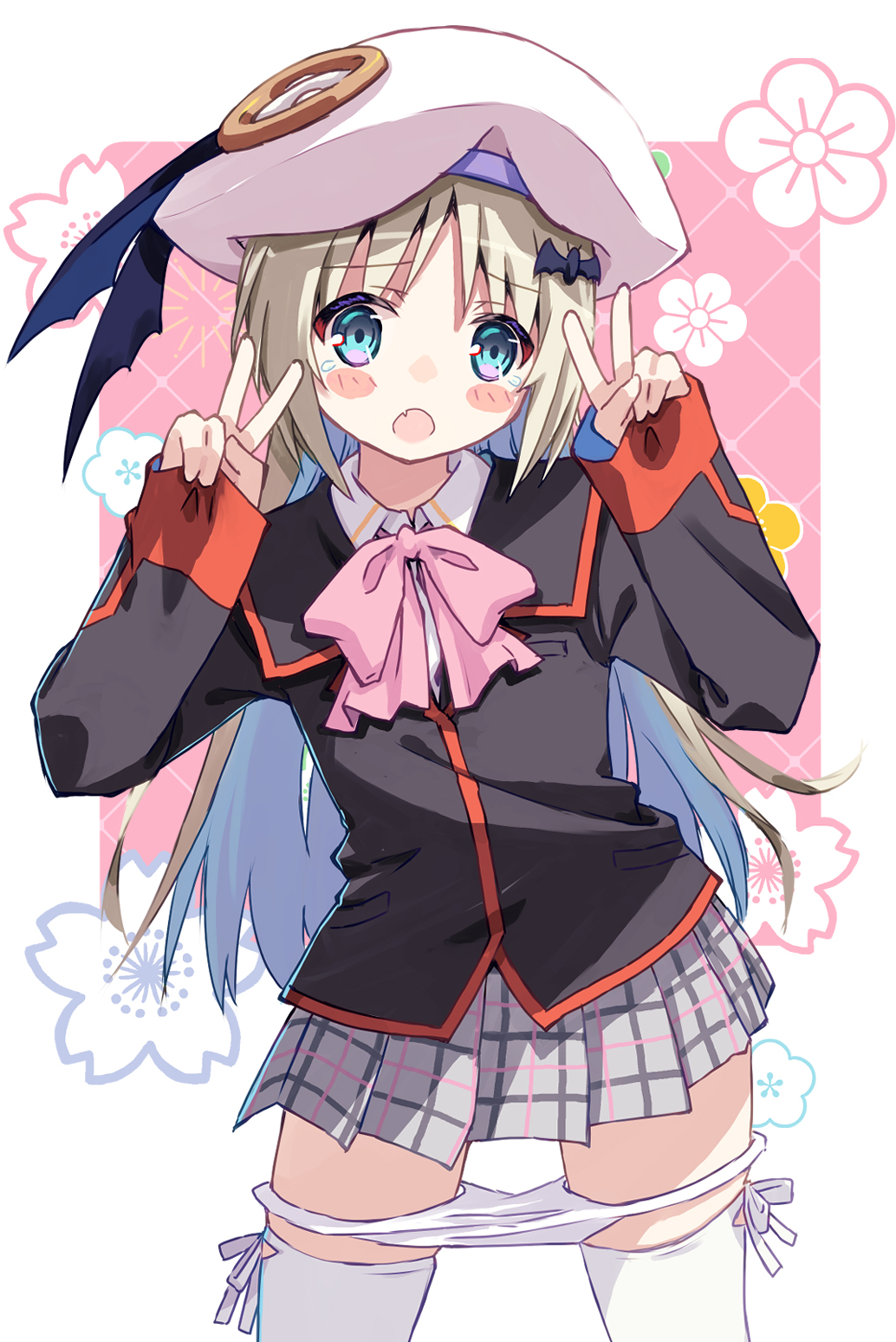 1girl :o akayama_yukihe beret black_jacket blue_eyes blush_stickers bow bowtie buttons collared_shirt commentary cowboy_shot double_v embarrassed eyes_visible_through_hair fang furrowed_brow grey_hair grey_skirt hair_between_eyes hands_up hat highres jacket little_busters! little_busters!_school_uniform looking_at_viewer miniskirt noumi_kudryavka open_mouth panties pink_background pink_bow pink_bowtie pink_panties plaid_clothes plaid_skirt pleated_skirt school_uniform shirt simple_background skirt sleeves_past_wrists solo tareme tearing_up tears thighhighs two-tone_background underwear v white_background white_hat white_panties white_shirt white_thighhighs zettai_ryouiki