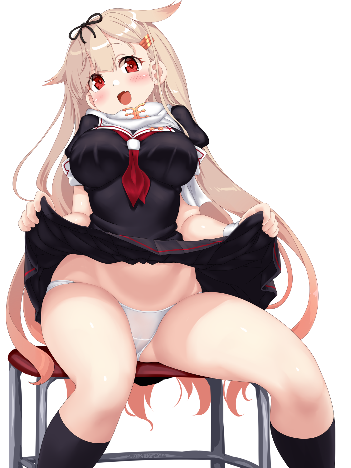 1girl black_shirt black_skirt black_socks blush brown_hair clothes_lift dd_(ijigendd) hair_ornament hair_ribbon hairclip highres kantai_collection long_hair looking_at_viewer open_mouth orange_hair panties red_eyes ribbon school_uniform shirt sitting skirt skirt_lift smile socks solo thighs underwear very_long_hair white_background white_panties yuudachi_(kancolle)