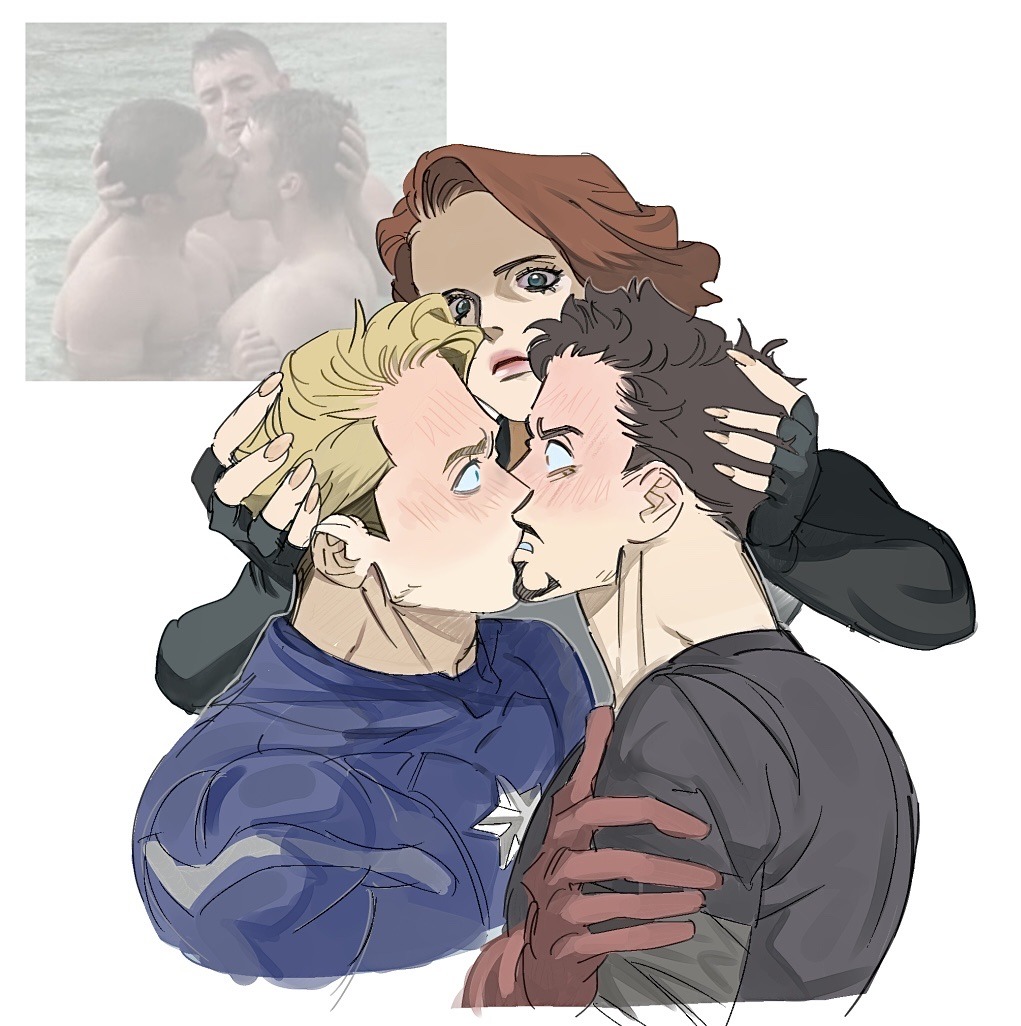 1girl 2boys avengers_(series) black_bodysuit black_shirt black_widow blue_bodysuit blue_eyes bodysuit brown_eyes brown_hair captain_america closed_mouth commentary covered_collarbone derivative_work english_commentary facial_hair fingernails gloves hand_on_another&#039;s_head kiss lips long_fingernails long_sleeves looking_at_another marvel marvel_cinematic_universe multiple_boys natasha_romanoff red_gloves red_hair screenshot_redraw shirt short_hair simple_background star_(symbol) steve_rogers superhero_costume teeth tnk_1008 tony_stark upper_body white_background yaoi