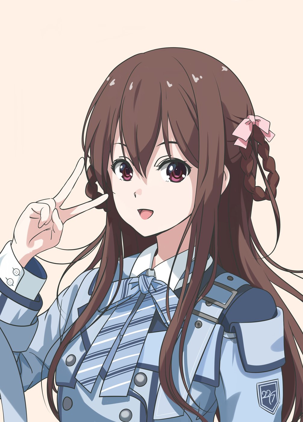 1girl 22/7 :d bow bowtie braid braided_hair_rings brown_background brown_eyes brown_hair collared_shirt diagonal-striped_bow diagonal-striped_bowtie diagonal-striped_clothes dress hair_bow hair_rings hand_up highres kamisama_datte_kimerarenai long_hair long_sleeves looking_at_viewer looking_to_the_side matsubokkurin227 multicolored_dress open_mouth pink_bow shirt simple_background smile solo striped_clothes tachikawa_ayaka twin_braids two_side_up upper_body v white_shirt