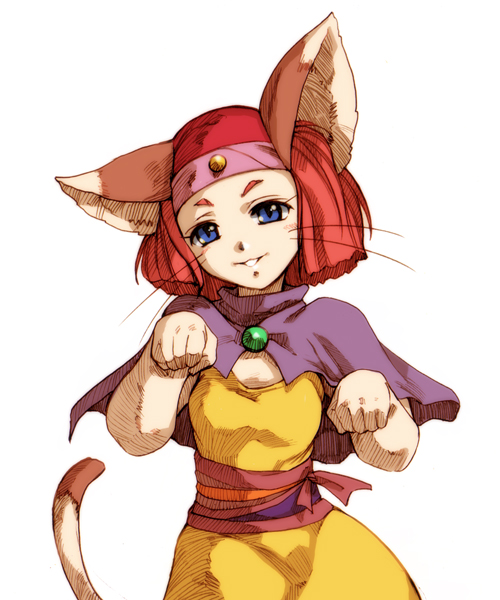 1girl animal_ears blue_eyes blush bob_cut brave_story brooch capelet cat_ears cat_tail dress female_focus flat_chest head_tilt headband hisahiko jewelry meena paw_pose red_hair sash simple_background smile solo standing tail whiskers
