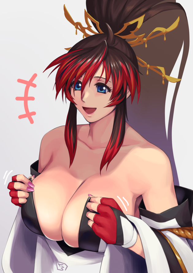 1girl black_hair blue_eyes breasts cleavage dressing fingerless_gloves gloves large_breasts long_hair nanbu_kaguya open_mouth ponytail smile solo super_robot_wars super_robot_wars_original_generation