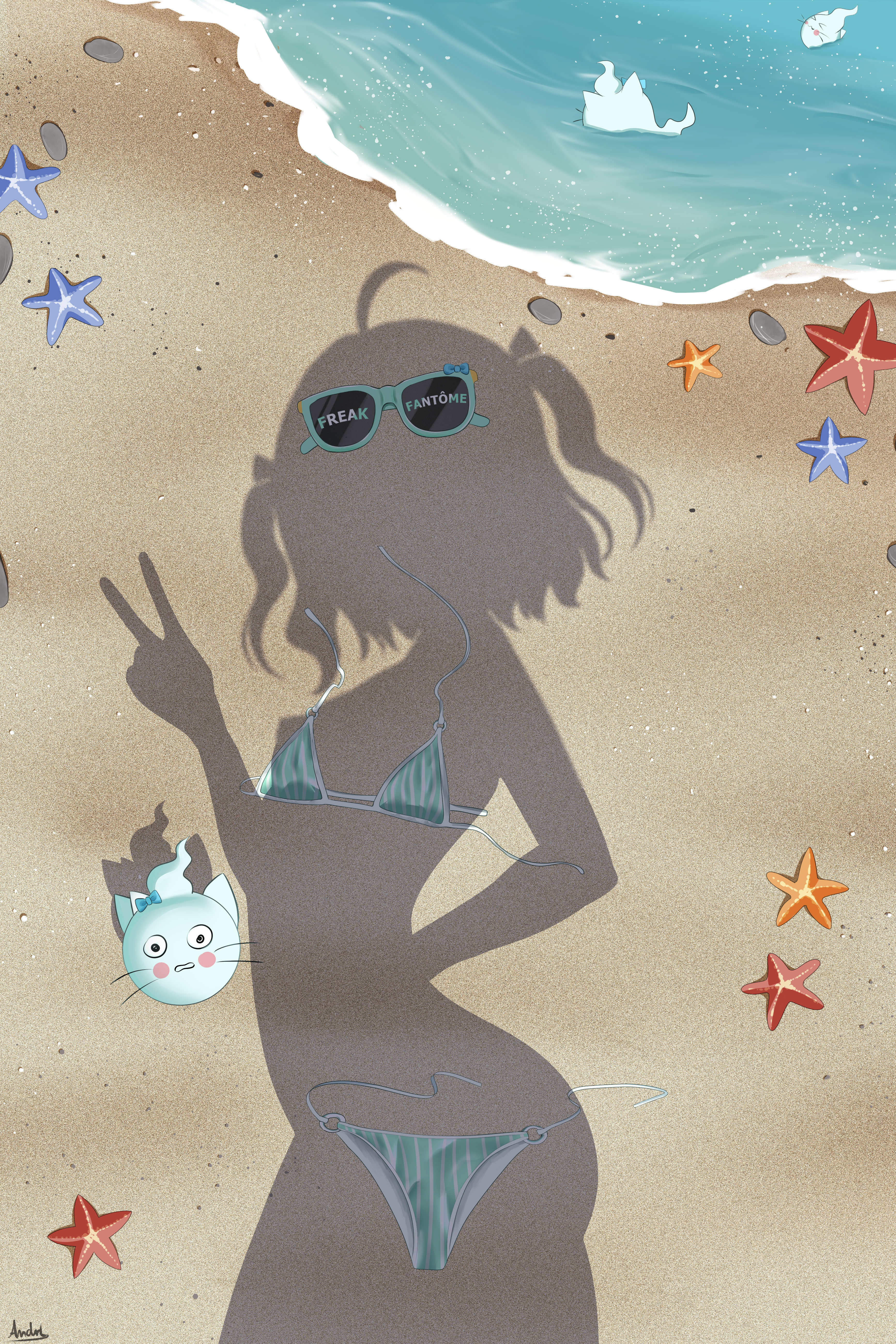 1girl absurdres ahoge andrl aqua_bikini beach bikini dressed_shadow_(meme) highres implied_nudity indie_virtual_youtuber meme mint_fantome ocean outdoors sand shadow silhouette starfish sunglasses swimsuit unworn_bikini unworn_clothes v virtual_youtuber water wisps_(mint_fantome)