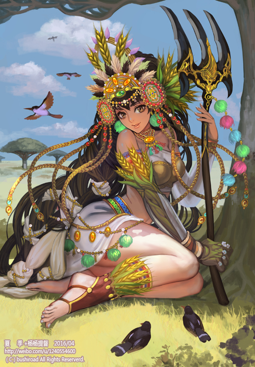 1girl abundant_flower_maiden_patricia bare_shoulders barefoot barefoot_sandals_(jewelry) bird brown_hair cardfight!!_vanguard company_name dated day feathers female_focus full_body gloves grass hat leaf long_hair midriff nail_polish navel official_art outdoors polearm single_glove sitting sky solo teeth toeless_legwear toes toned tree trident very_long_hair weapon xiaji yellow_eyes