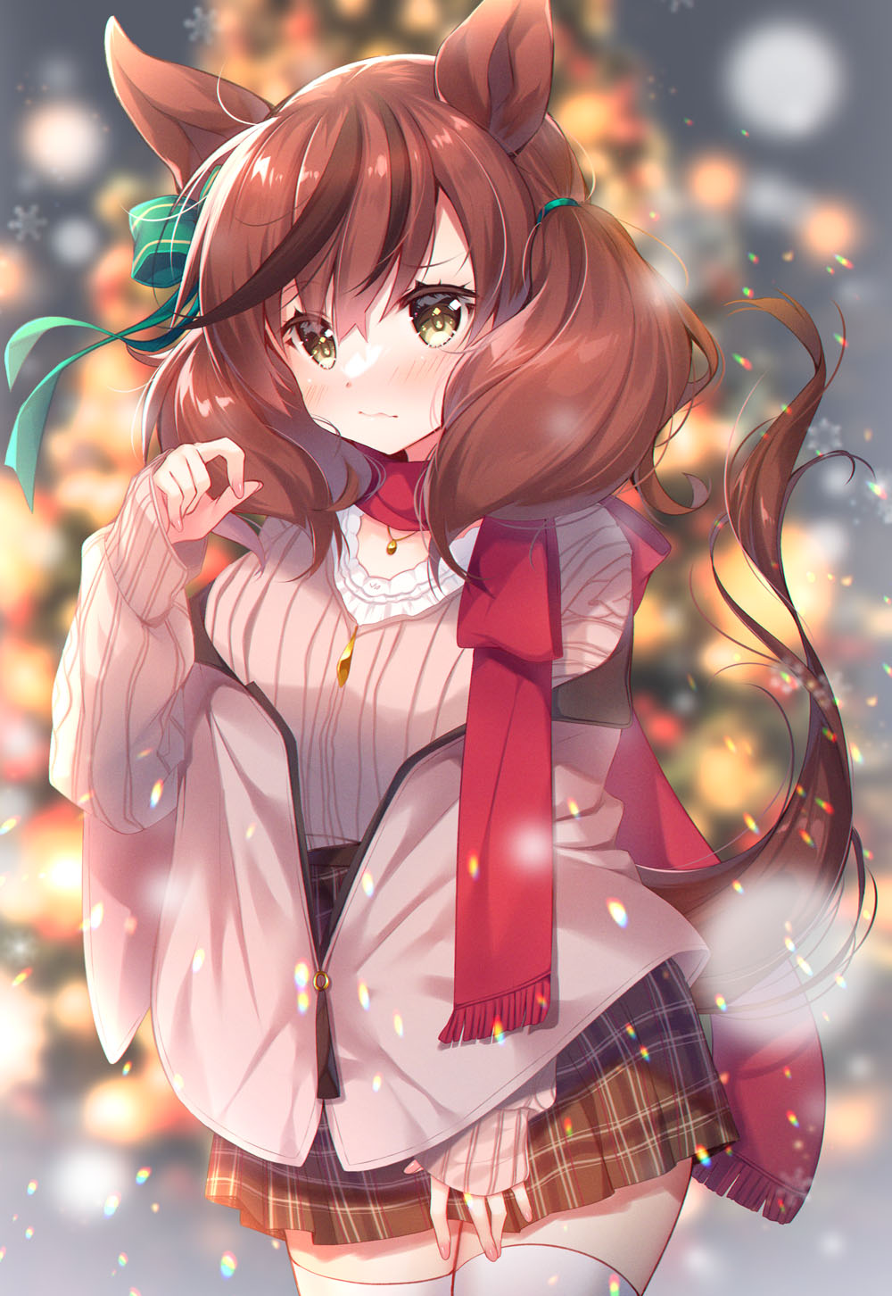 1girl animal_ears blurry blurry_background blush brown_eyes brown_hair brown_skirt brown_sweater christmas christmas_ornaments christmas_tree closed_mouth commentary_request depth_of_field hand_up highres horse_ears horse_girl horse_tail ko_yu long_sleeves looking_at_viewer nice_nature_(umamusume) plaid_clothes plaid_skirt revision ribbed_sweater shirt skirt sleeves_past_wrists solo sweater tail thighhighs twintails umamusume wavy_mouth white_shirt white_thighhighs