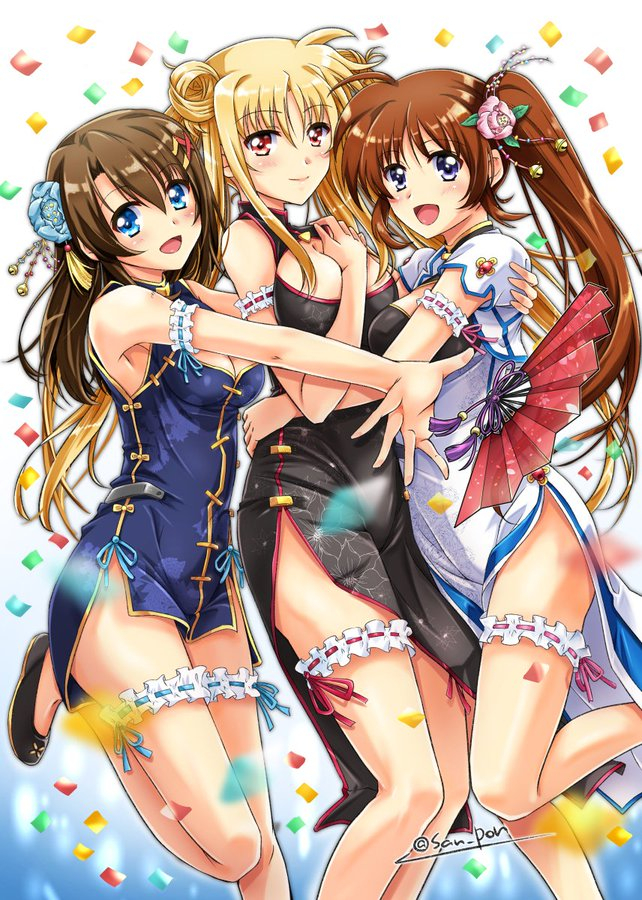 3girls alternate_hairstyle arm_between_breasts artist_name between_breasts blonde_hair blue_eyes blush breasts brown_hair chinese_clothes chinese_new_year cleavage_cutout clothing_cutout double_bun dress fate_testarossa flower folding_fan frilled_thigh_strap hair_bun hair_flower hair_ornament hand_fan hug hug_from_behind large_breasts leg_ribbon long_hair looking_at_viewer lyrical_nanoha multiple_girls open_mouth outstretched_arm purple_eyes red_eyes ribbon san-pon short_sleeves side_ponytail sleeveless sleeveless_dress smile takamachi_nanoha thigh_ribbon thigh_strap twintails very_long_hair x_hair_ornament yagami_hayate