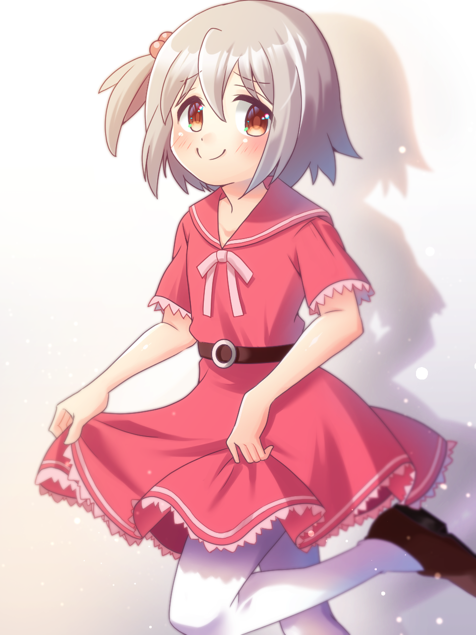 1boy bare_arms belt blush brown_eyes brown_shoes commentary crossdressing dress grey_hair hair_between_eyes hair_bobbles hair_ornament highres looking_at_viewer nemu0701 one_side_up onii-chan_wa_oshimai! pantyhose red_dress red_sailor_collar sailor_collar sailor_dress senkawa_minato shadow shoes short_sleeves simple_background skirt_hold smile solo trap white_background white_pantyhose