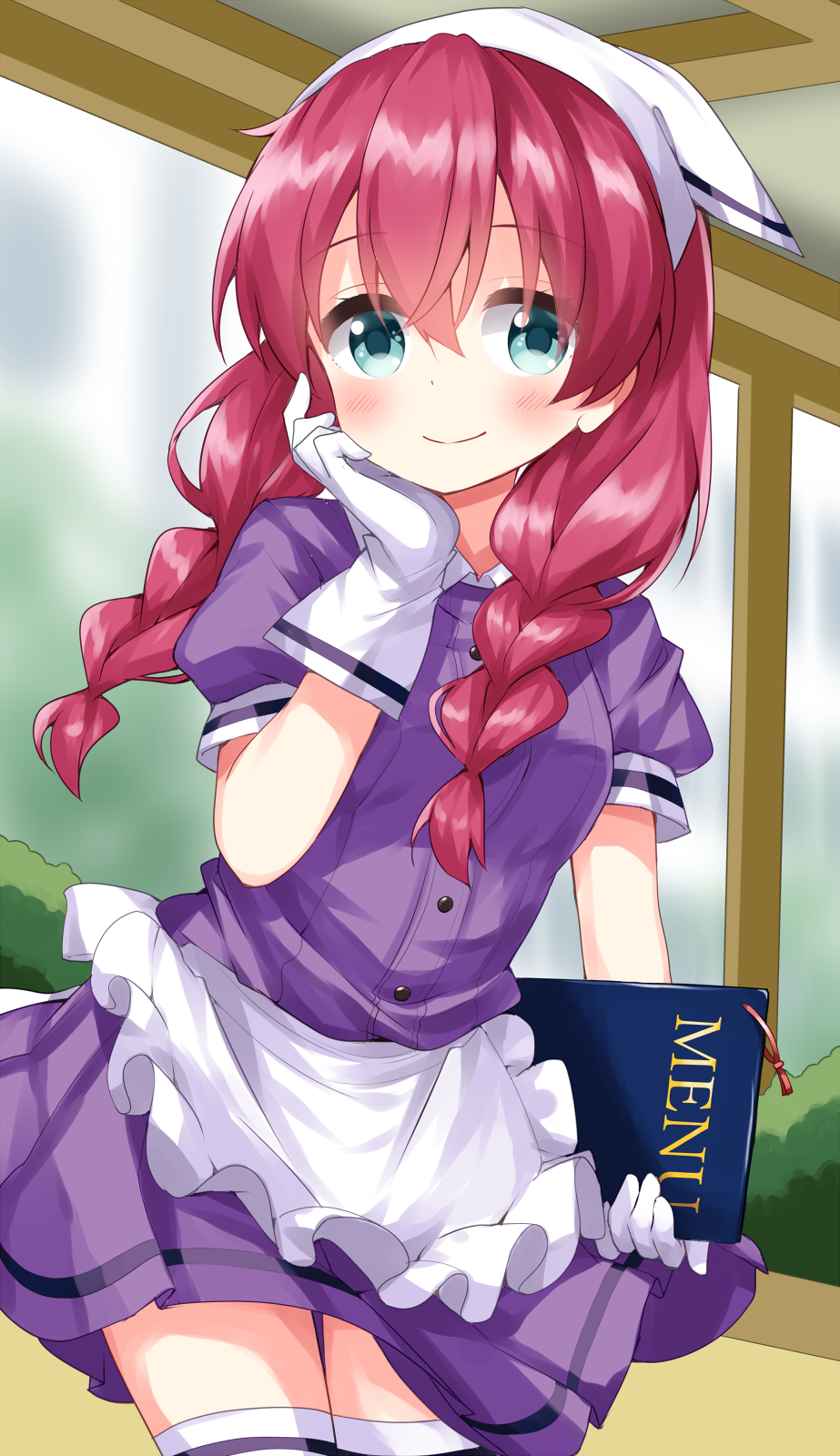 1girl amano_miu apron blend_s blue_eyes blush braid breasts buttons closed_mouth commentary_request cowboy_shot dress frilled_apron frills gloves hair_between_eyes hand_on_own_chin headscarf highres holding holding_menu long_hair looking_at_viewer medium_breasts menu pink_hair puffy_short_sleeves puffy_sleeves purple_dress ruu_(tksymkw) short_sleeves smile solo stile_uniform thighhighs twin_braids waist_apron white_apron white_gloves white_headscarf white_thighhighs