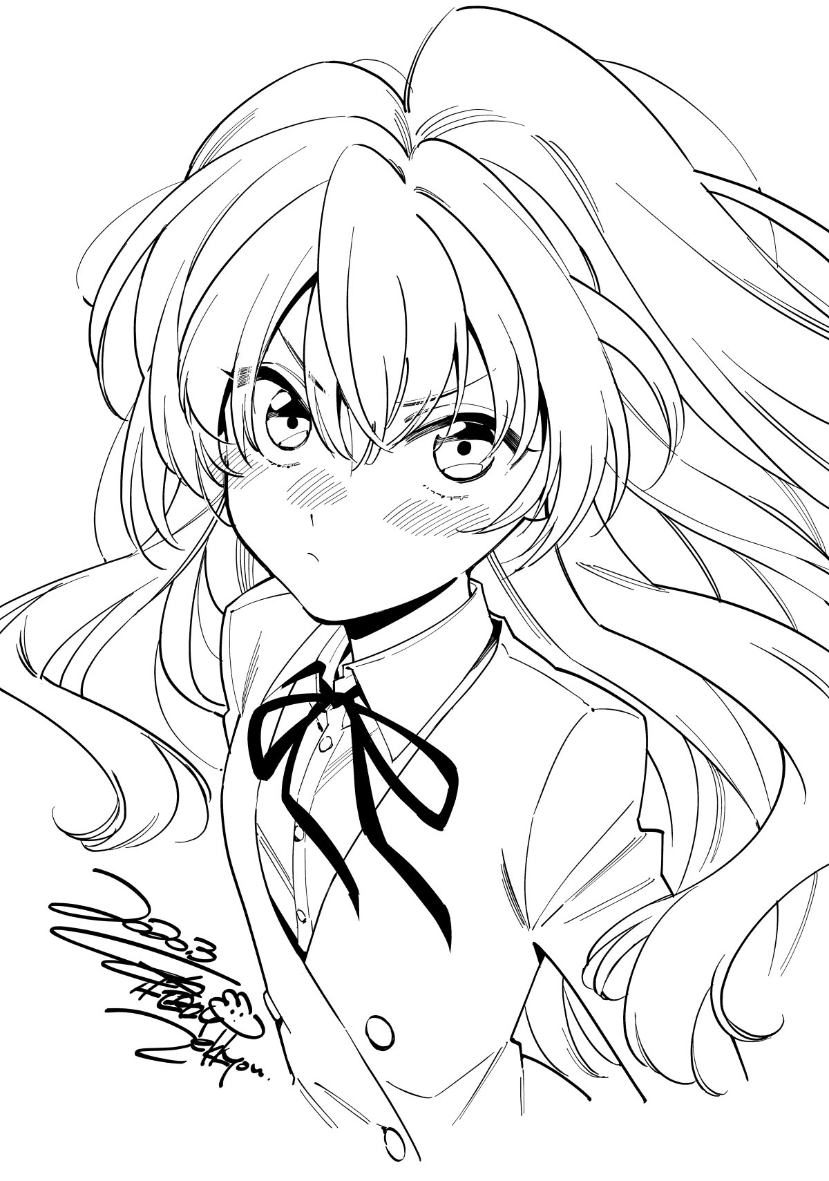 1girl aisaka_taiga artist_name blush bow bowtie closed_mouth commentary commentary_request dress_shirt furrowed_brow hair_between_eyes highres jacket long_hair long_sleeves looking_at_viewer monochrome neck_ribbon nose_blush oohashi_high_school_uniform ribbon school_uniform shirt signature solo toradora! wavy_hair white_background zekkyou_(h9s9)