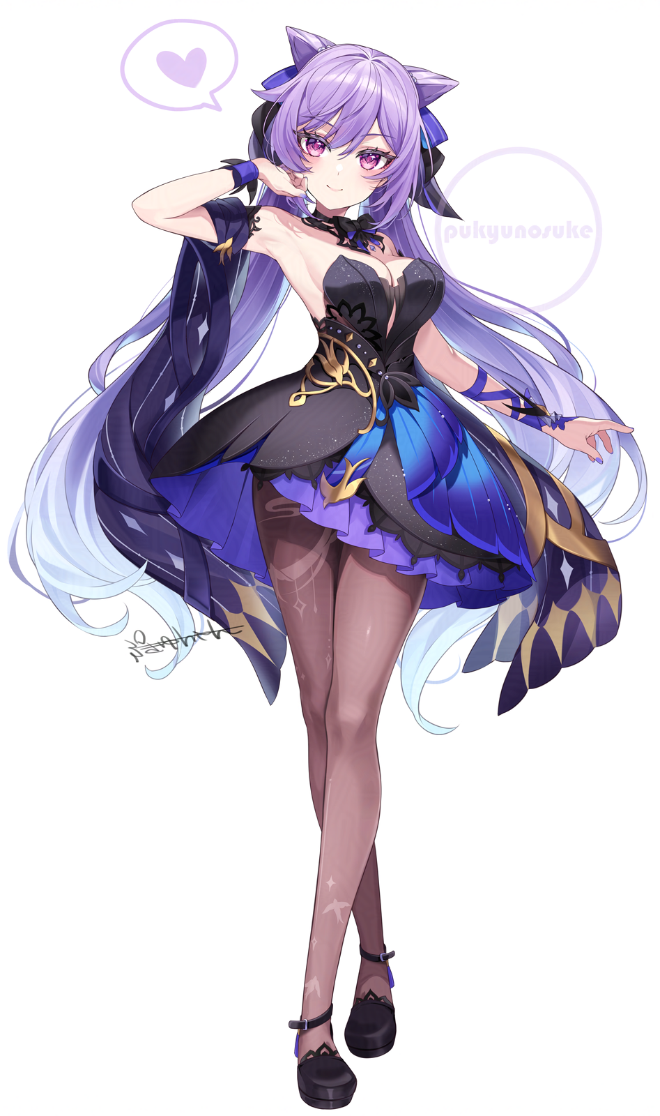1girl armpits black_shoes breasts brown_pantyhose cleavage closed_mouth cone_hair_bun double_bun dress floating_hair full_body genshin_impact hair_bun heart highres keqing_(genshin_impact) keqing_(opulent_splendor)_(genshin_impact) long_hair looking_at_viewer multicolored_dress multicolored_hair official_alternate_costume pantyhose pink_eyes purple_hair ringozaka_mariko shoes signature simple_background smile solo spoken_heart standing strapless strapless_dress symbol-shaped_pupils twintails very_long_hair white_background
