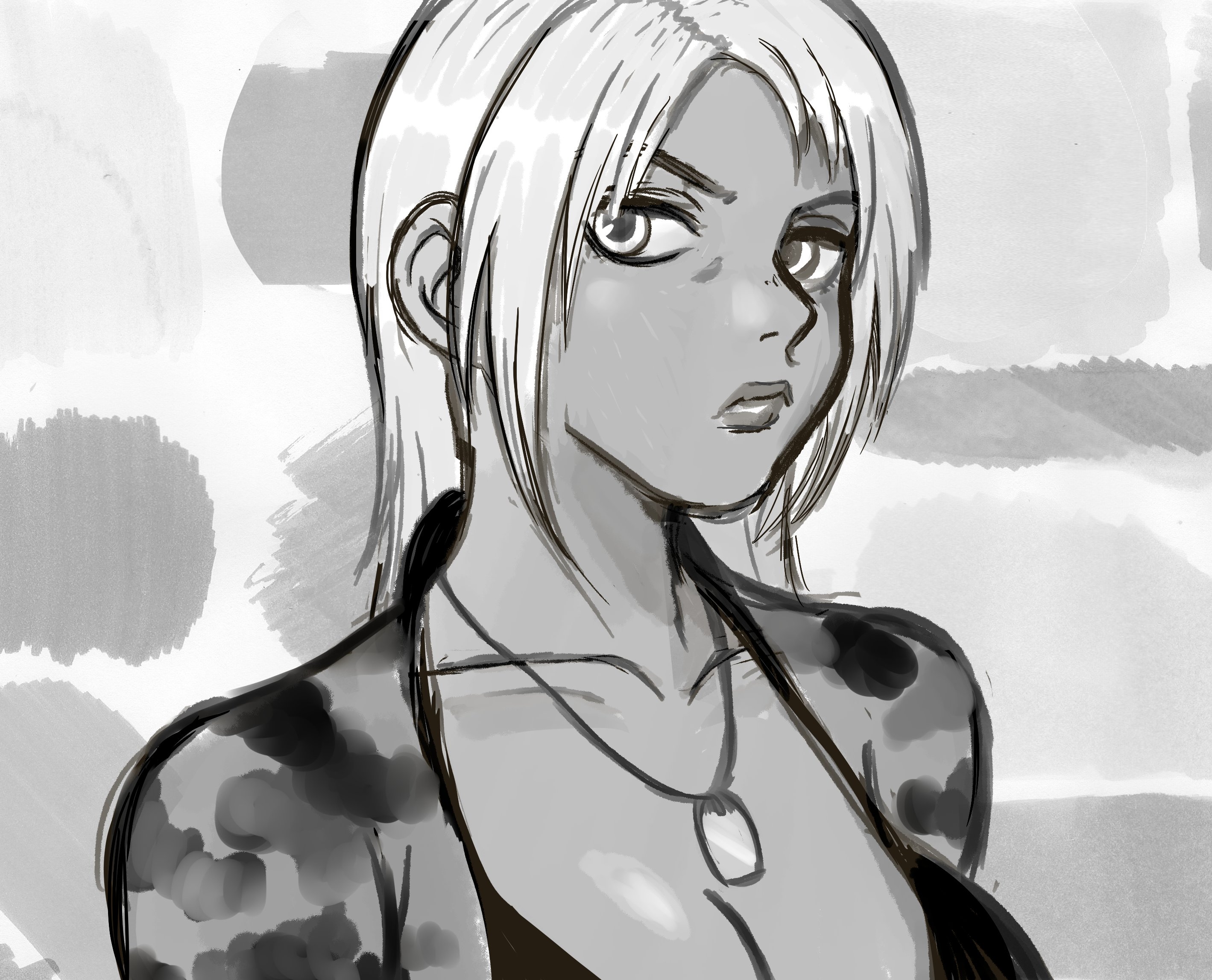 1girl abstract_background bad_id bad_twitter_id bikini breasts camouflage cleavage collarbone dark-skinned_female dark_skin dog_tags forehead greyscale highres large_breasts lips long_hair monochrome solo swimsuit upper_body vanessa_lewis very_dark_skin virtua_fighter virtua_fighter_5 white_background white_hair wikipetan