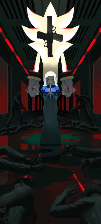 1boy 1girl 2024 from_behind blonde_hair blood blood_on_clothes blue_dress ceiling clothes cosplay cross death dress english_text facing_away facing_viewer gun holding holding_gun holding_weapon hyeon_sonic inhibitor_rings long_hair long_sleeves maria_robotnik massacre nun own_hands_clasped own_hands_together pale_skin pool_of_blood red_light religion shadow_the_hedgehog skirt space super_shadow symbolism veil violence virgin_mary virgin_mary_(cosplay) weapon white_veil window