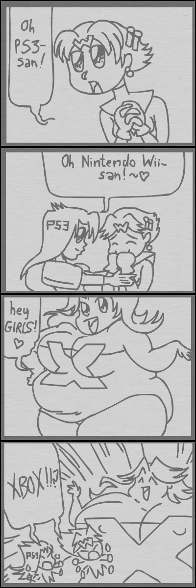 3girls 4koma comic console game_console greyscale highres long_image monochrome multiple_girls os-tan parody personification playstation_3 something_awful tall_image wii xbox_(original)