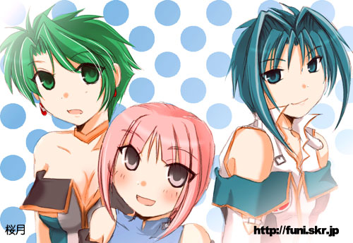 3girls aya_kobayashi banpresto bare_shoulders blue_eyes blue_hair breasts cleavage earrings green_eyes green_hair jewelry lowres mai_kobayashi medium_breasts multiple_girls pink_eyes pink_hair short_hair super_robot_wars super_robot_wars_original_generation viletta_badam viletta_vadim