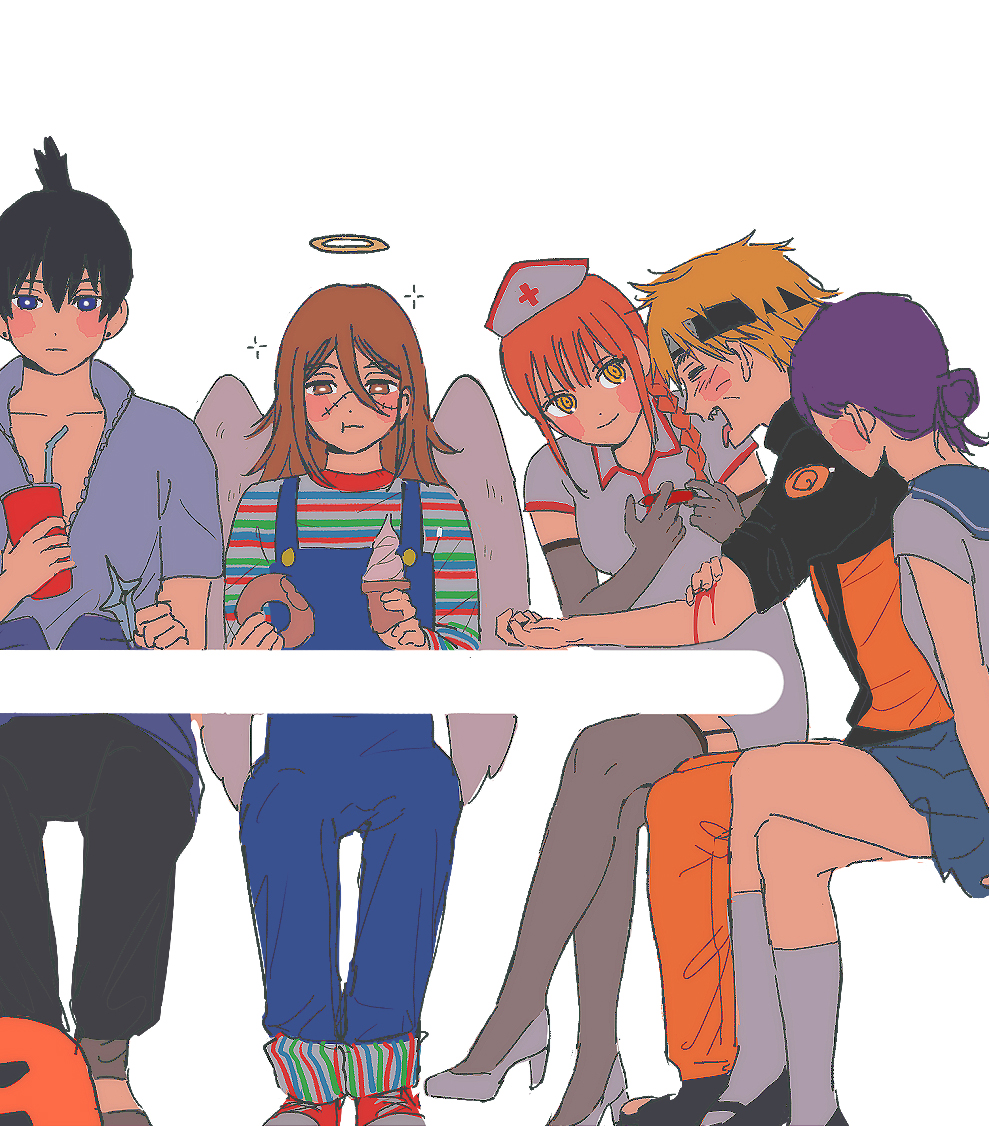 angel angel_devil_(chainsaw_man) angel_wings bagel black_hair black_pants blonde_hair blood blood_on_arm blue_eyes blush braid braided_ponytail brown_hair chainsaw_man chewing chucky chucky_(cosplay) closed_eyes cosplay cup denji_(chainsaw_man) dress earrings eating food grey_shirt grey_shoes hair_between_eyes hair_bun halloween halo hat hayakawa_aki headband holding holding_cup ice_cream ice_cream_cone injection jewelry long_hair looking_at_viewer makima_(chainsaw_man) medium_hair naruto naruto_(series) nurse nurse_cap open_clothes pants pump purple_hair red_hair ringed_eyes scar scar_on_face school_uniform serafuku shirt shoes shuriken sidelocks simple_background single_hair_bun sitting stitched_face stitches stud_earrings suspenders thighhighs tongue tongue_out topknot uchiha_sasuke uchiha_sasuke_(cosplay) uzumaki_naruto uzumaki_naruto_(cosplay) v-neck weapon white_background white_dress white_wings wings yellow_eyes zemzk