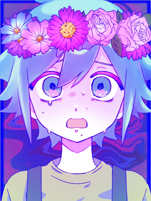 1boy abstract_background basil_(headspace)_(omori) basil_(omori) blue_background blue_border blue_eyes blue_flower blue_hair border colored_eyelashes colored_skin commentary_request double-parted_bangs eyebrows_hidden_by_hair flower flower_wreath green_shirt hair_between_eyes head_wreath leaf looking_at_viewer male_focus omori open_mouth outside_border pink_background pink_flower pink_rose portrait raised_inner_eyebrows rose shirt short_hair solo straight-on sweat tamu_(tei_fujou) tearing_up white_skin wide-eyed