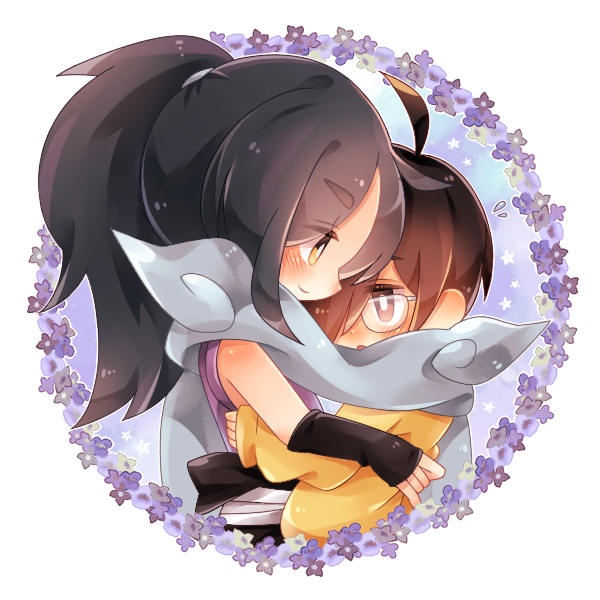 10s 2boys ahoge black_eyes black_hair blush brown_hair glasses high_ponytail hikage_mao japanese_clothes long_hair male_focus male_fp monster_boy multiple_boys nyaco orochi_(youkai_watch) ponytail sleeveless smile traditional_youkai yellow_eyes youkai_watch