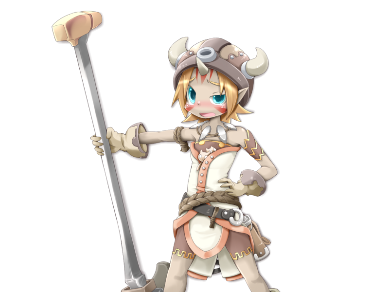 1girl armband bare_shoulders belt black_belt blonde_hair blue_eyes blush bmp-to-png_conversion brown_armband brown_bag brown_headwear brown_shorts facial_mark fake_horns feet_out_of_frame female_goblin frfr game_cg gloves gob_(mon-musu_quest!) goblin half-closed_eye hammer hand_on_own_hip helmet holding holding_hammer horned_helmet horns jewelry mon-musu_quest! necklace non-web_source open_mouth pale_skin pointy_ears short_hair shorts simple_background single_horn solo standing tooth_necklace transparent_background tunic war_hammer weapon white_gloves white_tunic