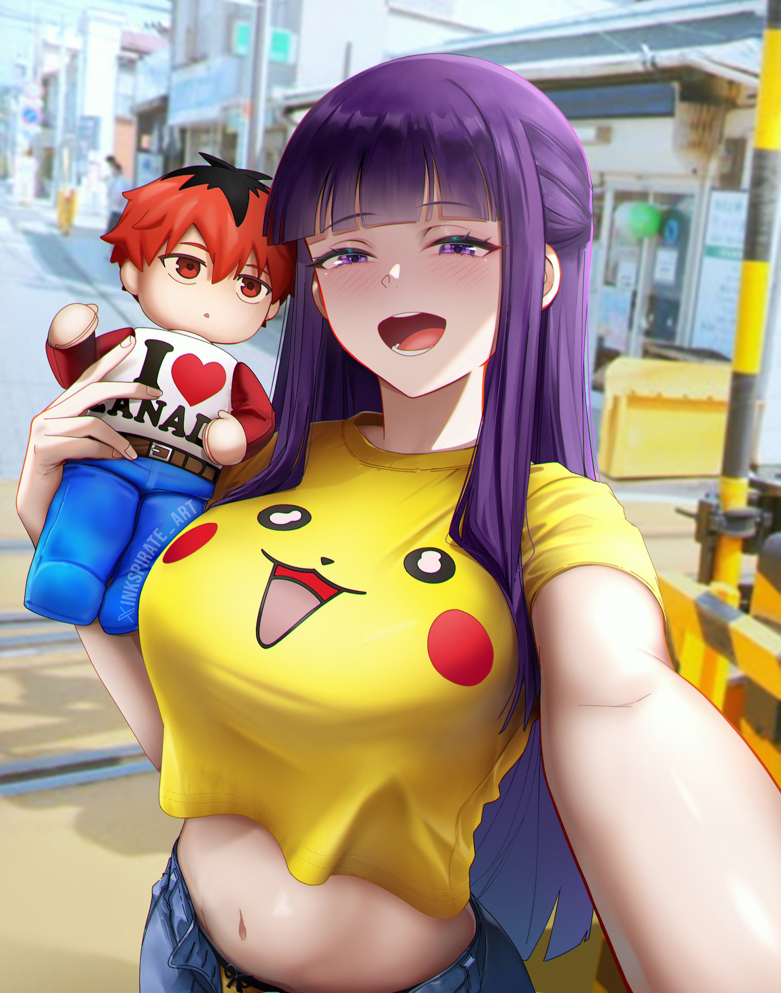 1girl :d absurdres blunt_bangs breasts character_doll commentary contemporary cropped_shirt denim fern_(sousou_no_frieren) gen_1_pokemon highres i_heart... i_love_canada_(meme) inkspirate jeans large_breasts long_hair looking_at_viewer meme midriff open_mouth outdoors pants pikachu purple_eyes purple_hair selfie shirt short_sleeves smile solo sousou_no_frieren stark_(sousou_no_frieren) yellow_shirt