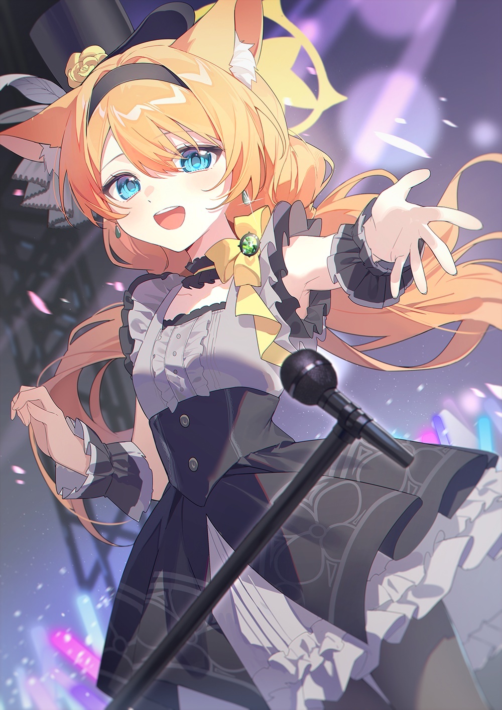 1girl :d animal_ear_fluff animal_ears armpits black_choker black_hairband black_pantyhose blue_archive blue_eyes blurry cat_ears cat_girl choker commentary_request concert depth_of_field detached_sleeves dress earrings frilled_choker frilled_dress frills glowstick hair_between_eyes hairband halo hat highres idol jewelry long_hair looking_at_viewer low_twintails mari_(blue_archive) mari_(idol)_(blue_archive) microphone microphone_stand mini_hat mini_top_hat music official_alternate_costume official_alternate_hairstyle open_mouth orange_hair pantyhose reaching reaching_towards_viewer short_sleeves sidelocks singing smile solo top_hat twintails yunweishukuang