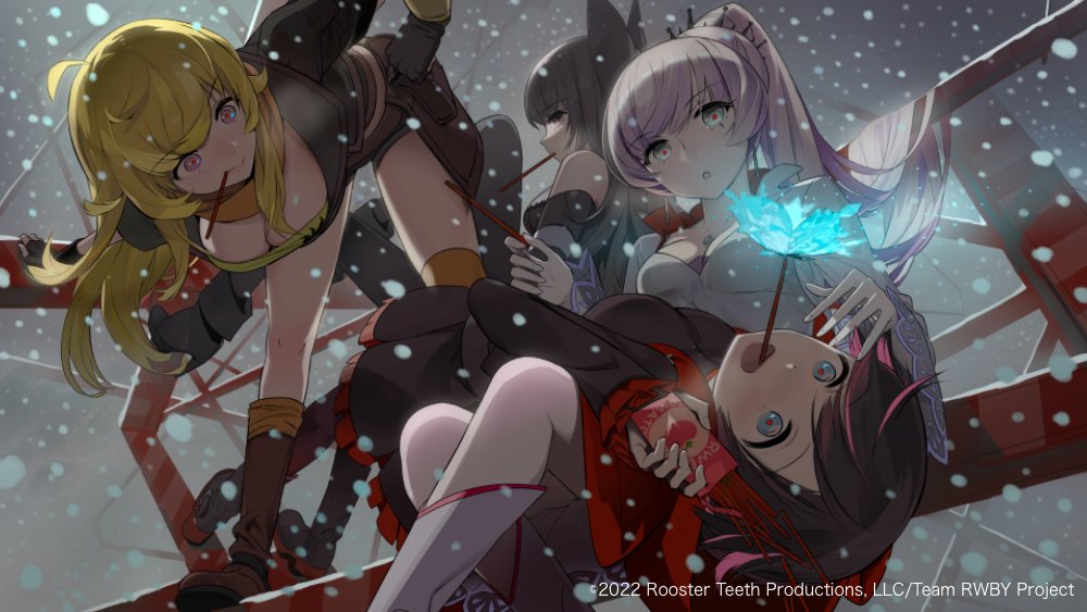 4girls blake_belladonna blonde_hair food multiple_girls official_art okama pocky red_hair ruby_rose rwby snow snowing weiss_schnee yang_xiao_long