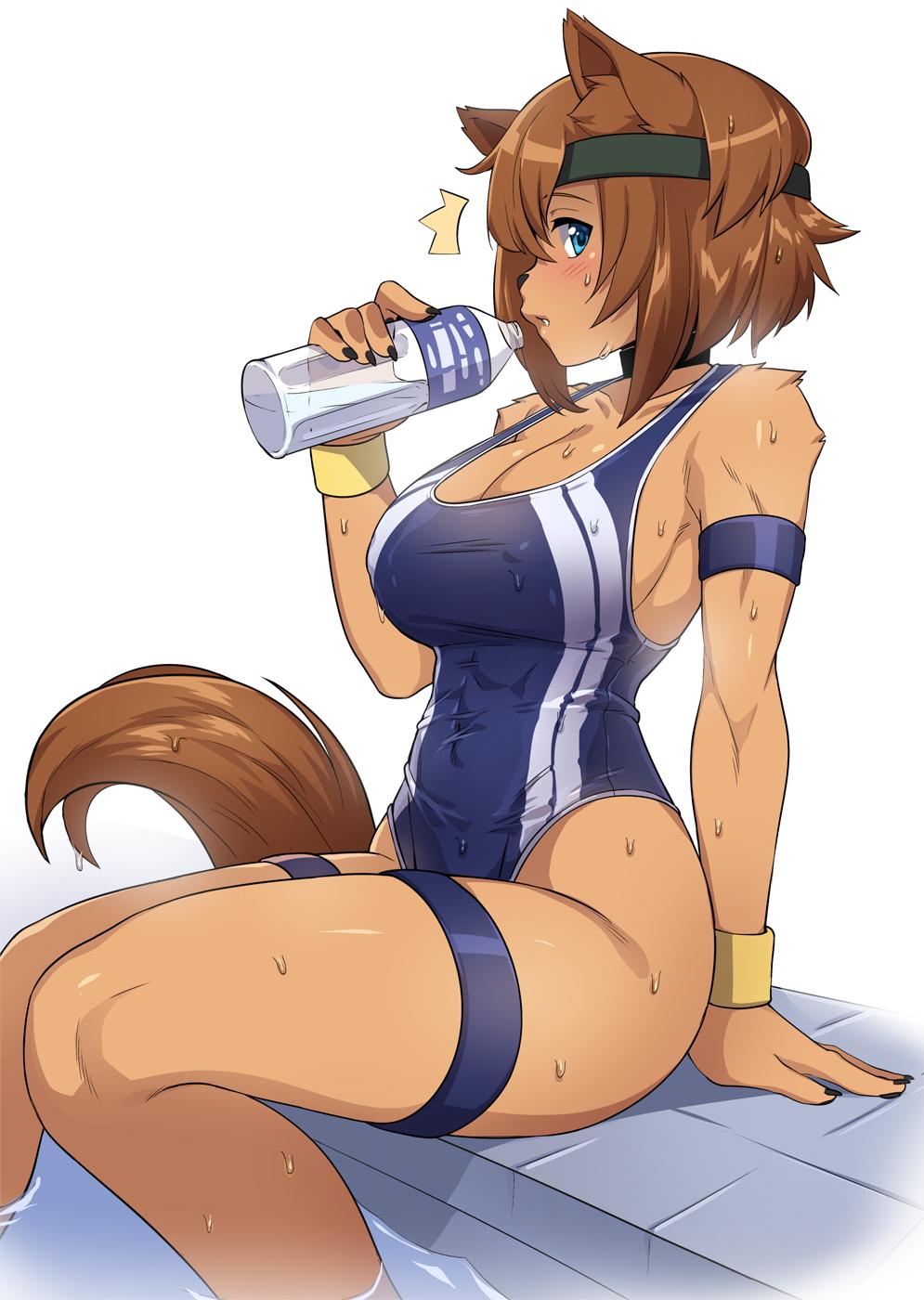 1girl ^^^ animal_ears armband blue_eyes bottle breasts brown_hair collar collarbone competition_swimsuit dark-skinned_female dark_skin dog_ears dog_girl dog_tail female_focus furry furry_female headband highres iwbitu large_breasts monster_girl monster_musume_no_iru_nichijou one-piece_swimsuit polt short_hair simple_background sitting solo sweat swimsuit tail thigh_strap water water_bottle wristband
