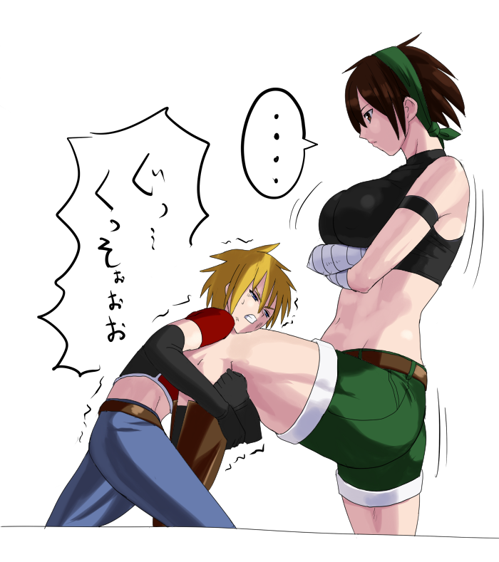 ... 1boy 1girl 78_(tky8) arms_under_breasts bandaged_wrist bandages bandit_(tales_of_destiny_2) belt black_gloves black_socks black_sports_bra blonde_hair blue_eyes blue_pants boots breasts brown_belt brown_eyes brown_footwear brown_hair closed_mouth commentary_request elbow_gloves feet_out_of_frame gloves green_hairband green_shorts hair_between_eyes hairband hands_on_another&#039;s_leg height_difference kyle_dunamis large_breasts long_bangs looking_at_another midriff navel pants short_hair shorts simple_background socks spoken_ellipsis sports_bra struggling tales_of_(series) tales_of_destiny tales_of_destiny_2 tall_female translation_request trembling white_background