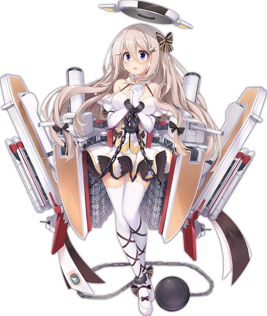 1girl :o anchor ankleband azur_lane ball ball_and_chain_restraint bare_shoulders black_bow black_ribbon bow breasts chain cuffs detached_sleeves dress eyebrows female_focus footwear_bow fortune_(azur_lane) fortune_(retrofit)_(azur_lane) full_body hair_between_eyes hair_bow hair_ornament hair_ribbon hairclip halo halterneck haluka_(aixioo) interlocked_fingers keyhole large_breasts lock long_hair long_sleeves machinery mary_janes mechanical_halo official_art open_mouth own_hands_clasped own_hands_together puffy_long_sleeves puffy_sleeves purple_eyes remodel_(azur_lane) ribbon sash shackles ship_turret shoes short_dress silver_hair smokestack solo standing striped_bow striped_ribbon tachi-e tareme thigh_gap thighhighs tongue torpedo torpedo_tubes transparent_background tress_ribbon vertical_stripes white_dress white_shoes white_thighhighs zettai_ryouiki