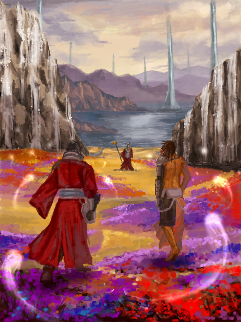 00s 3boys arisue_kanako auron black_hair braska field final_fantasy final_fantasy_x flower jecht long_hair magic male_focus multiple_boys muscular ocean robe topless_male staff walking water white_hair
