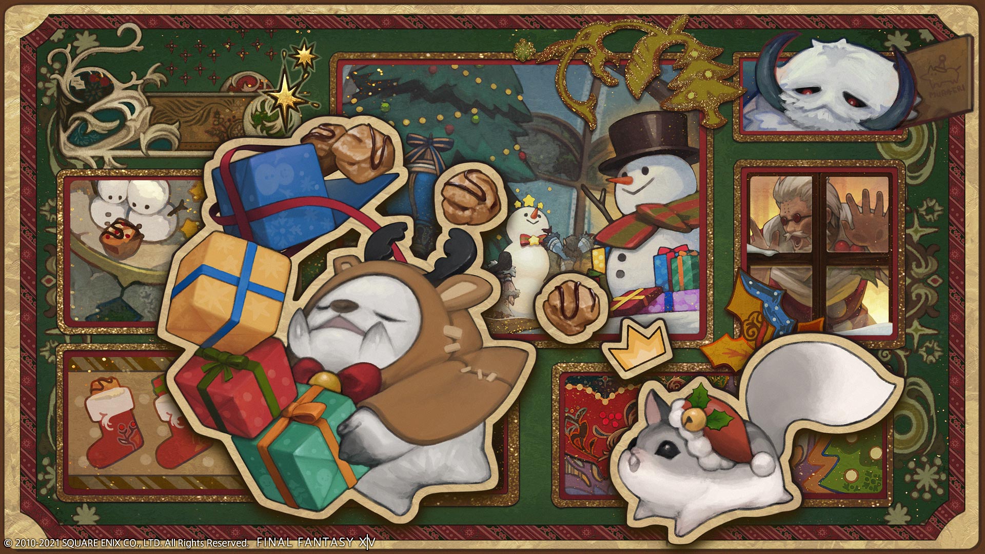 1boy against_glass animal capelet cheek_squash christmas christmas_present christmas_stocking closed_eyes clothed_animal final_fantasy final_fantasy_xiv gift glasses godbert_manderville highres holding hood hooded_capelet murabayashi_erika nutkin official_art open_mouth red-tinted_eyewear round_eyewear tinted_eyewear yeti_(final_fantasy)