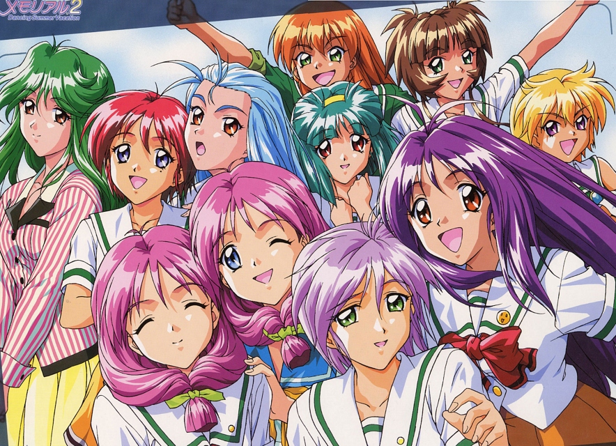 1990s_(style) 6+girls akai_homura asou_kasumi blonde_hair blue_eyes blue_hair brown_eyes brown_hair front_ponytail green_eyes green_hair happy hinomoto_hikari ichimonji_akane ijuuin_mei kokura_masashi kotobuki_miyuki long_hair minazuki_kotoko mole mole_under_eye multiple_girls official_art orange_hair pink_hair purple_eyes purple_hair red_hair retro_artstyle sakura_kaedeko scan school_uniform shirayuki_maho shirayuki_miho short_hair siblings sisters sleeves_rolled_up tokimeki_memorial tokimeki_memorial_2 twins yae_kaori