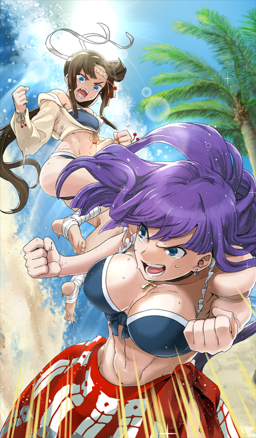 2girls abs aoba_(smartbeat) bandages bare_arms beach bikini black_hair blue_bikini blue_sky breasts breasts_apart choker clenched_hands commentary cropped_jacket cross cross_choker day diffraction_spikes duel dynamic_pose earrings emphasis_lines fate/grand_order fate_(series) front-tie_bikini_top front-tie_top headband jacket jewelry jumping latin_cross lens_flare long_hair long_sleeves looking_at_another martha_(fate) martha_(swimsuit_ruler)_(fate) martha_(swimsuit_ruler)_(first_ascension)_(fate) midair midriff multiple_girls no_headwear off-shoulder_jacket off_shoulder official_art open_mouth outdoors palm_tree purple_hair red_sarong sand sarong servant_summer_festival!_2018 shouting side_ponytail sidelocks sky sparkle sun sunlight sweat swimsuit teeth third-party_source toes tree ushiwakamaru_(fate) ushiwakamaru_(swimsuit_assassin)_(fate) ushiwakamaru_(swimsuit_assassin)_(first_ascension)_(fate) very_long_hair white_headband yellow_jacket
