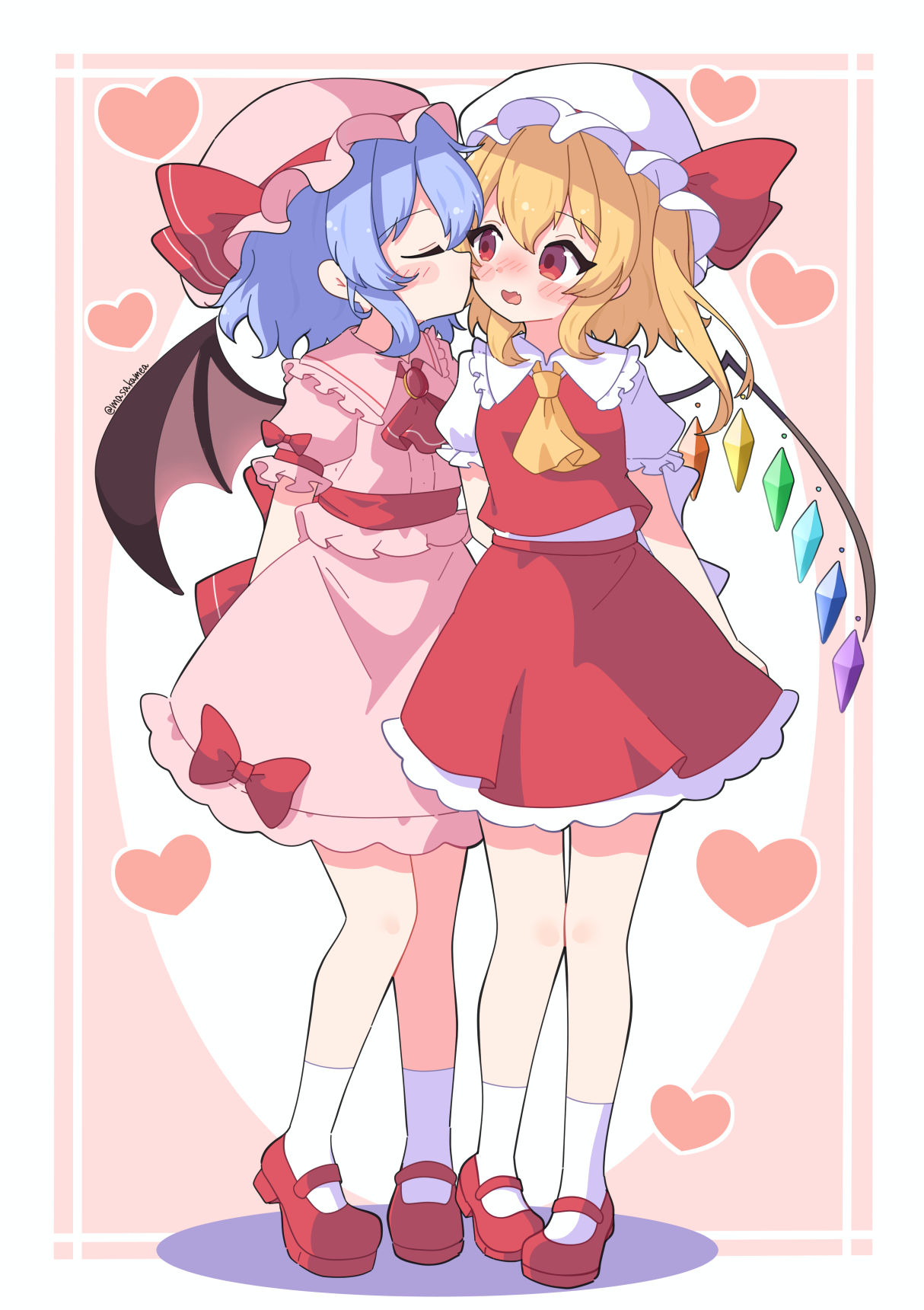 2girls arms_behind_back ascot bat_wings blonde_hair blue_eyes blush closed_eyes closed_mouth collared_shirt commentary_request flandre_scarlet frilled_shirt_collar frills full_body hair_between_eyes hat hat_ribbon heart highres incest kiss kissing_cheek long_hair mary_janes masakamea mob_cap multiple_girls open_mouth pink_background pink_hat pink_shirt puffy_short_sleeves puffy_sleeves red_ascot red_eyes red_ribbon red_shoes red_vest remilia_scarlet ribbon shirt shoes short_hair short_sleeves siblings sisters socks standing touhou twitter_username vest white_hat white_shirt white_socks wings yellow_ascot