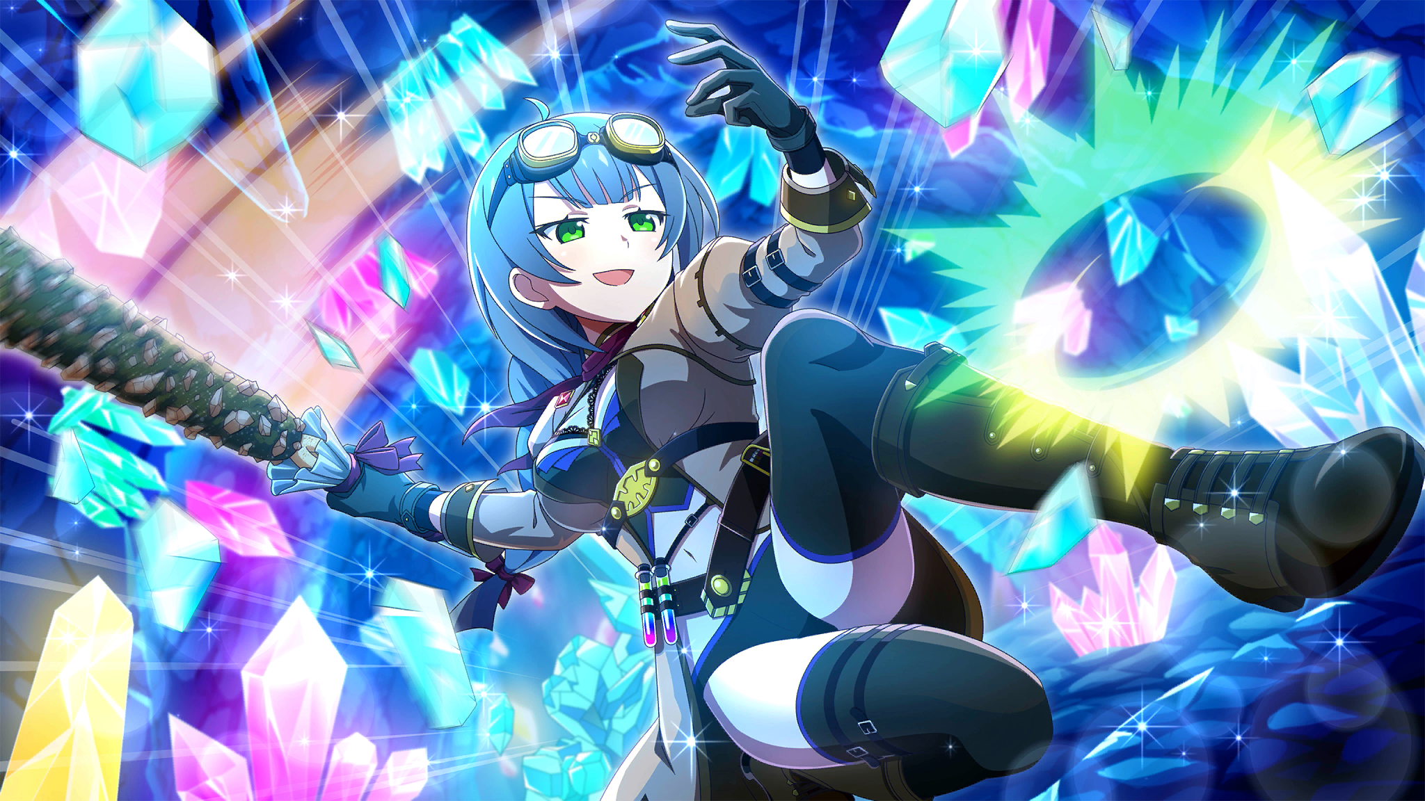 1girl :d ahoge belt belt_buckle black_gloves black_shorts black_thighhighs blue_hair blurry boots brown_belt brown_boots brown_jacket buckle cave club_(weapon) crystal depth_of_field dutch_angle full_body game_cg gloves goggles goggles_on_head green_eyes highres higurashi_no_naku_koro_ni higurashi_no_naku_koro_ni_mei holding holding_club holding_weapon indoors jacket kurosawa_chisame lens_flare long_hair long_sleeves motion_blur motion_lines navel non-web_source official_art on_one_knee open_mouth rock shorts smile solo sparkle speed_lines strapless test_tube test_tube_holster thighhighs tube_top v-shaped_eyebrows weapon