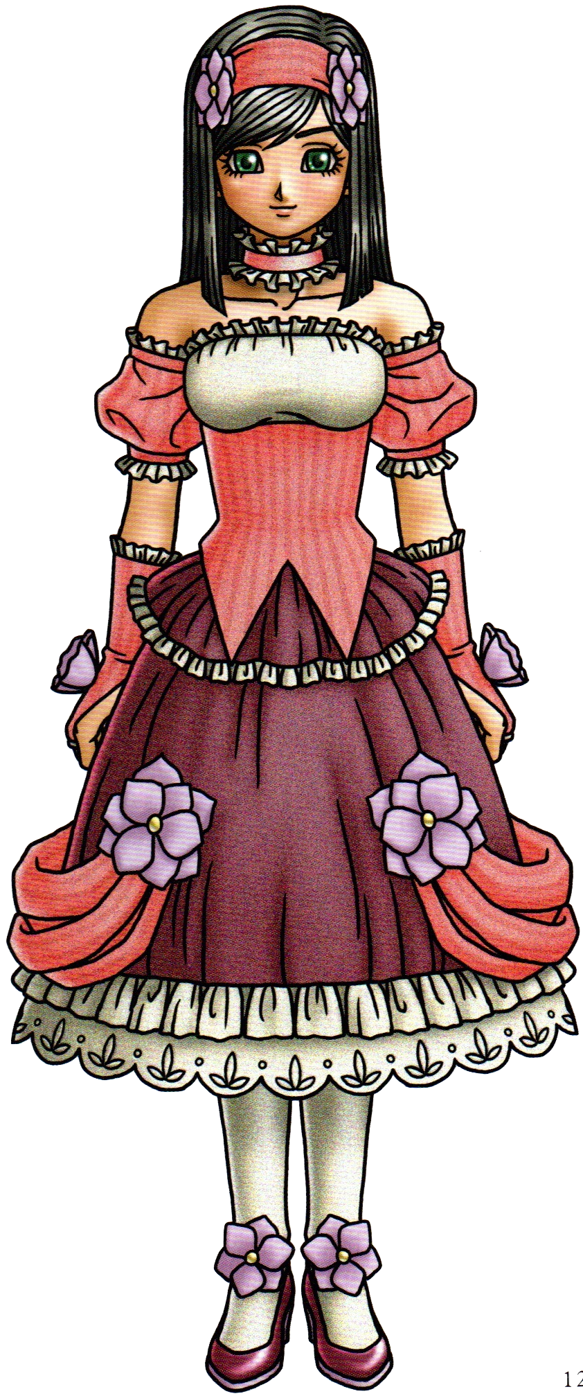 1girl artist_request bare_shoulders black_hair bridal_gauntlets check_artist choker dragon_quest dragon_quest_x dress dress_flower flower flower_hairband footwear_flower frilled_choker frills full_body green_eyes hairband highres long_hair looking_at_viewer off-shoulder_dress off_shoulder official_art pantyhose pink_bridal_gauntlets pink_dress pink_hairband pink_shoes purple_flower scan scan_artifacts shante_(dq10) shoes smile solo third-party_source toriyama_akira white_pantyhose