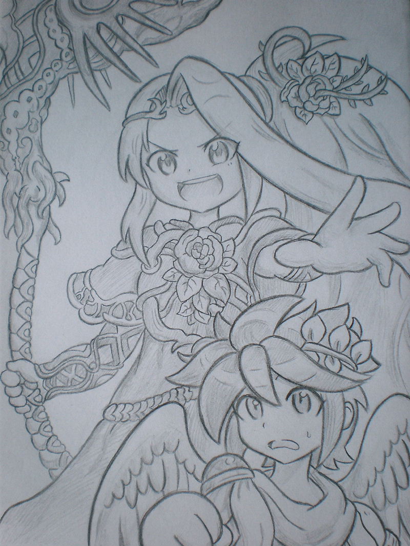 1boy 1girl angel angel_wings bansyo31 commentary_request flower graphite_(medium) hair_flower hair_ornament holding holding_staff kid_icarus kid_icarus_uprising laurel_crown nintendo open_mouth outstretched_arm pit_(kid_icarus) ponytail staff sweatdrop traditional_media v-shaped_eyebrows viridi wings