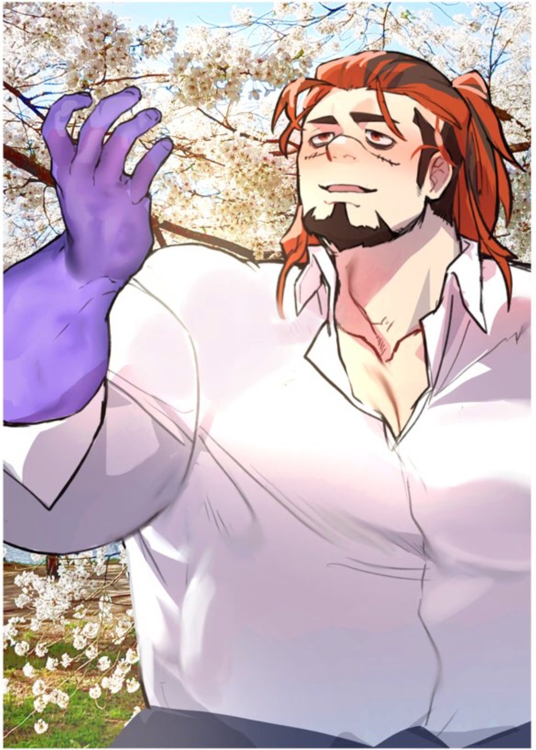 1boy bags_under_eyes bara blush boogeyman_(housamo) cherry_blossoms collared_shirt cowboy_shot facial_hair goatee hanami hand_up highres large_pectorals light_smile male_focus mature_male medium_sideburns multicolored_hair muscular muscular_male pectoral_cleavage pectorals photo_background shiratori_yokikana shirt sideburns_stubble solo standing stubble sunlight thick_eyebrows tokyo_houkago_summoners two-tone_hair