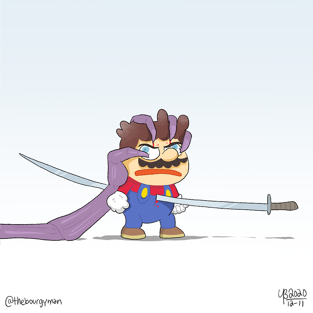 3boys annoyed blood blue_eyes brown_hair claws facial_hair final_fantasy final_fantasy_vii injury looking_at_viewer mario mario_(series) metroid multiple_boys mustache nintendo overalls ridley square_enix super_mario_bros._1 super_smash_bros. sword thebourgyman weapon