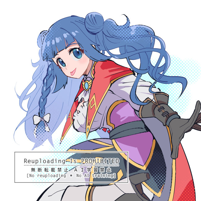 1girl ascot belt biolo_(ragnarok_online) black_belt black_skirt blue_brooch blue_hair boots braid breasts cleavage_cutout closed_mouth clothing_cutout collared_shirt commentary_request corset double_bun gold_trim hair_bun large_breasts long_hair looking_at_viewer namosuke_(oetwmkekmz) pants purple_corset ragnarok_online shirt side_braid simple_background single_braid skirt smile solo tongue tongue_out watermark white_ascot white_background white_boots white_pants white_shirt