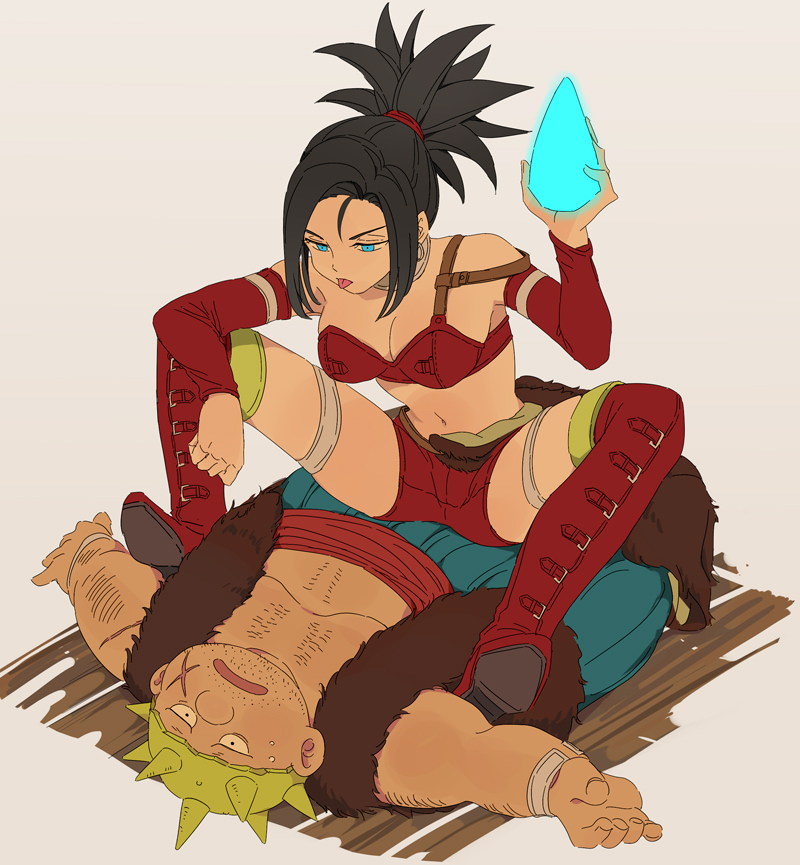 1boy 1girl :p blue_eyes breasts cleavage dragon_quest dragon_quest_viii earrings jewelry miyama_(kannsannn) open_mouth red_(dq8) short_hair simple_background spiked_hair square_enix thighhighs tongue tongue_out yangus