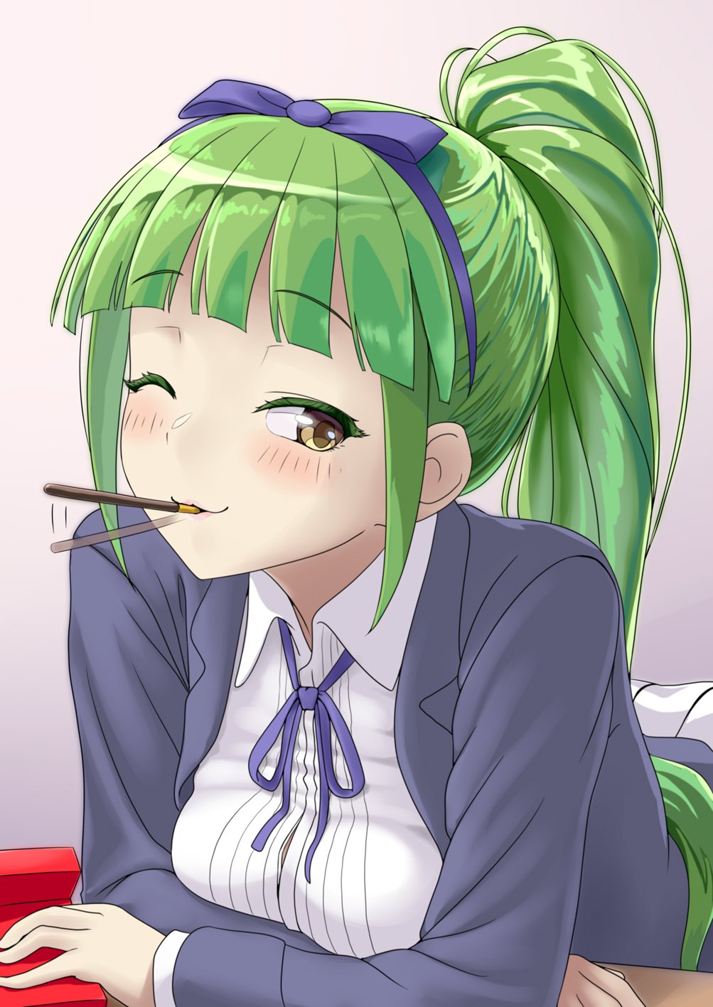 1girl azur_lane blue_bow blue_bowtie blue_jacket blunt_bangs bow bowtie box breasts brown_eyes commentary_request danbora female_focus food green_hair hair_bow highres holding holding_box jacket leaning_forward leaning_on_table long_hair looking_at_viewer loose_bowtie medium_breasts mouth_hold one_eye_closed pleated_skirt pocky pocky_day ponytail shirt shropshire_(azur_lane) skirt solo very_long_hair white_shirt white_skirt