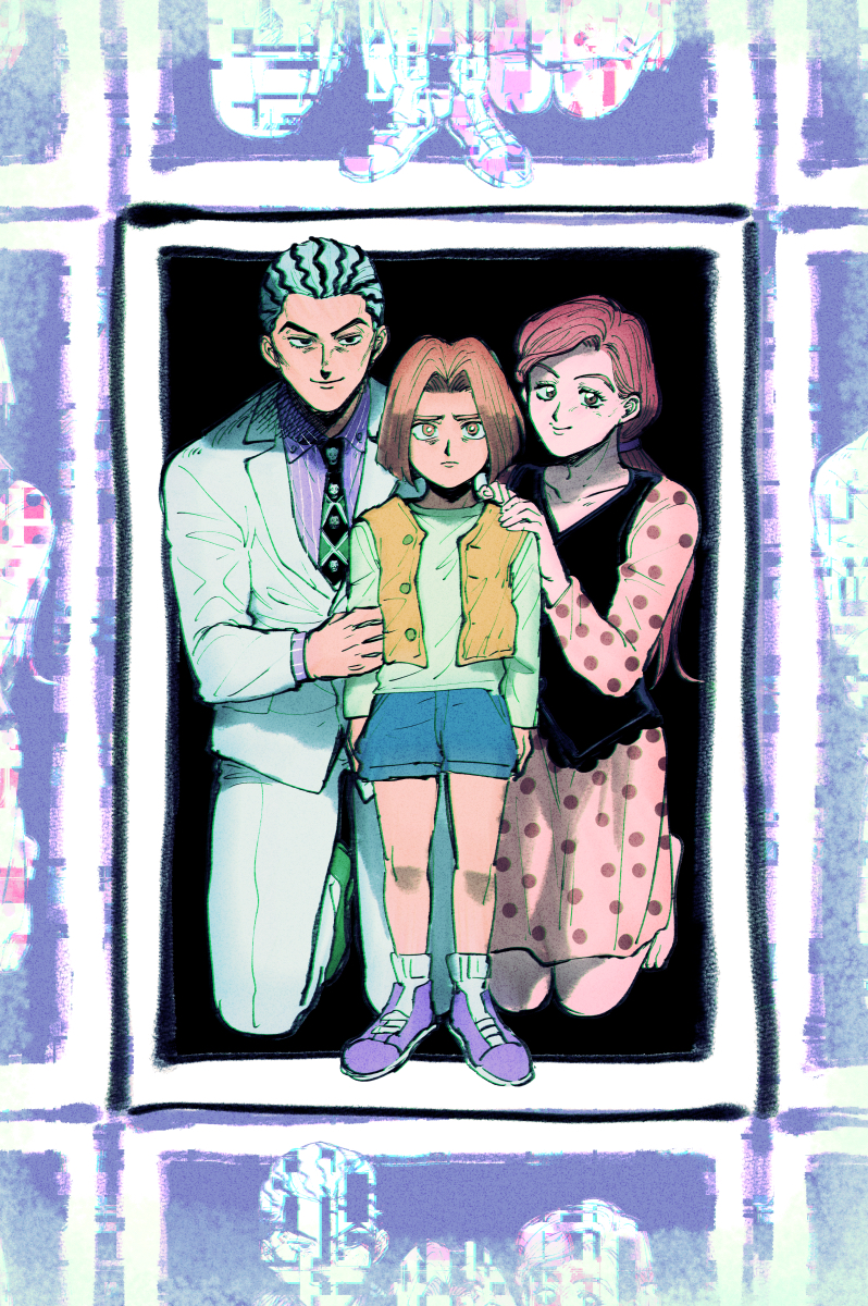 1girl 2boys collared_shirt commentary dress formal_clothes highres jojo_no_kimyou_na_bouken kawajiri_hayato kawajiri_kosaku kawajiri_shinobu kira_yoshikage multiple_boys necktie oniyama831 polka_dot polka_dot_dress ponytail shirt short_hair suit