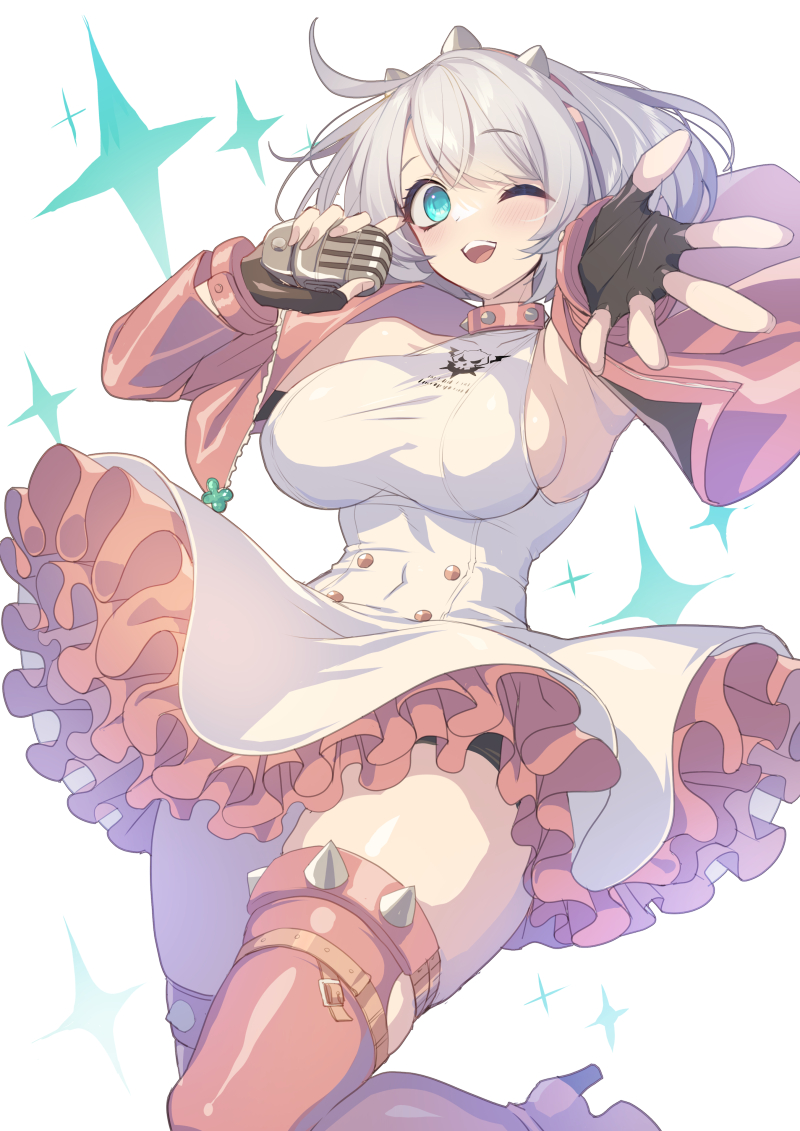 1girl ahoge aqua_eyes armpits black_gloves blush boots bracelet breasts clover collar dress elphelt_valentine fingerless_gloves four-leaf_clover frilled_dress frills gloves guilty_gear guilty_gear_strive hairband holding holding_microphone huge_ahoge jacket jewelry koikawa_minoru large_breasts long_sleeves looking_at_viewer microphone one_eye_closed open_mouth pink_boots pink_dress pink_hairband pink_jacket short_hair sideboob skull_print smile spiked_bracelet spiked_collar spiked_hairband spikes thigh_boots two-tone_dress white_dress white_hair