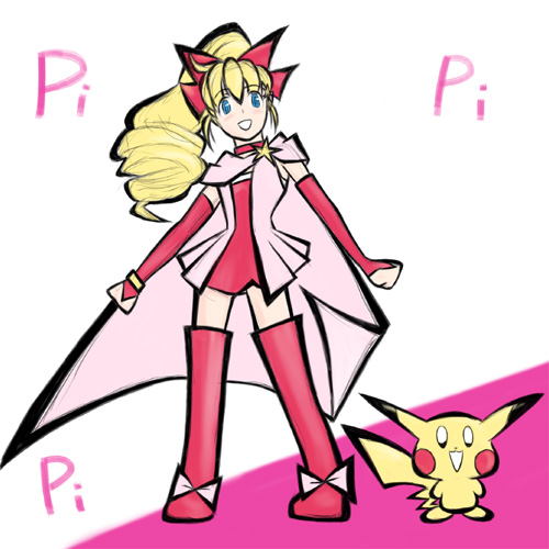 1girl blonde_hair blue_eyes cape female_focus full_body furuaki gen_1_pokemon hazel_(pokemon) lowres magical_pokemon_journey nintendo pikachu pokemon pokemon_(creature) solo