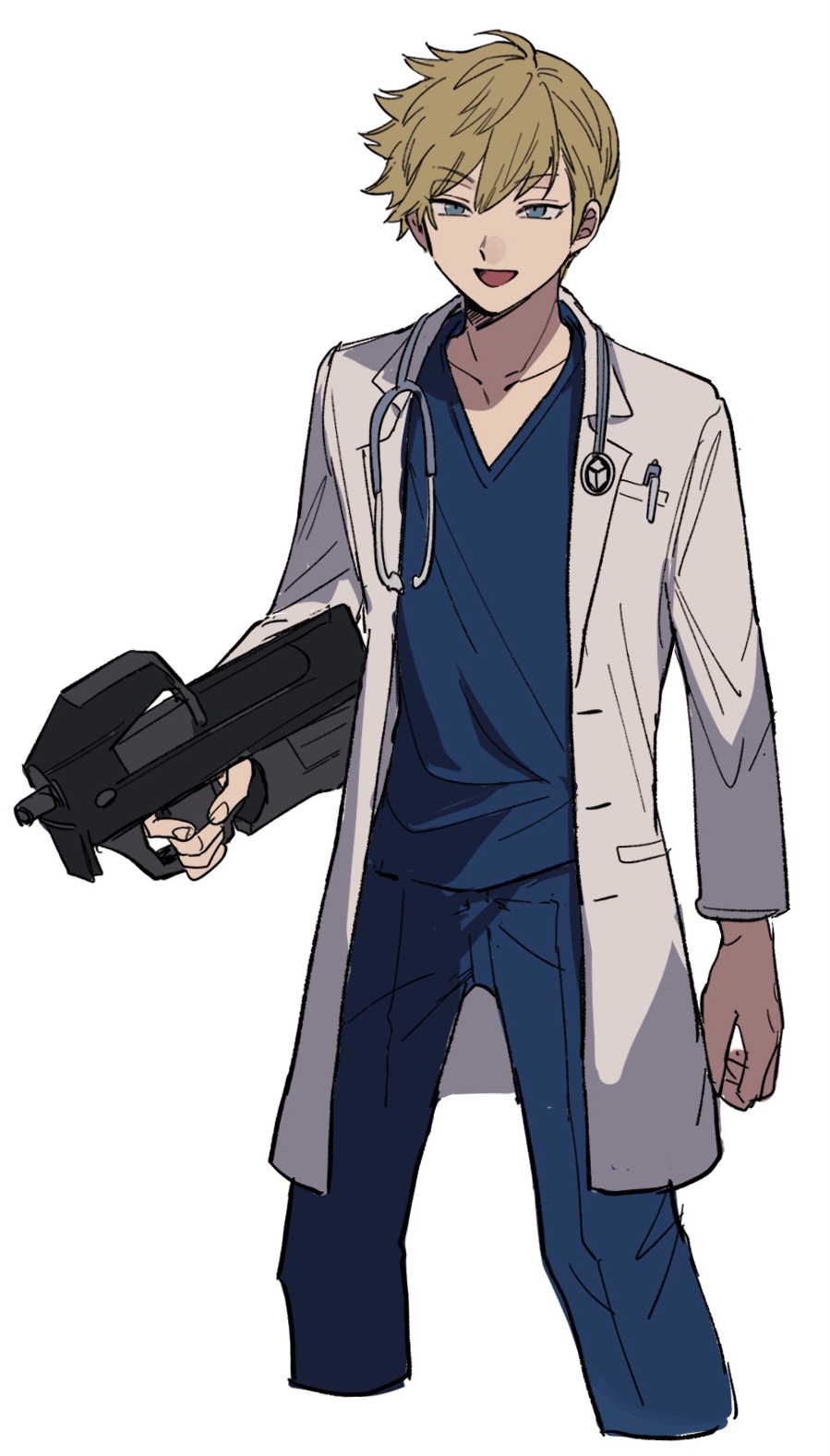 1boy aoi_(yooo009) arm_at_side asymmetrical_hair bishounen blonde_hair blue_eyes blue_pants blue_shirt bullpup coat cropped_legs feet_out_of_frame gun half-closed_eyes happy highres holding holding_gun holding_weapon inukai_sumiharu lab_coat long_sleeves looking_ahead male_focus medical_scrubs open_clothes open_coat open_mouth p90 pants personal_defense_weapon shirt short_hair sidecut simple_background solo stethoscope submachine_gun swept_bangs undercut v-neck weapon white_background white_coat world_trigger