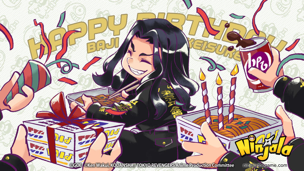 baji_keisuke birthday black_jacket black_pants black_sleeve_cuffs black_sleeves buttoned_cuffs buttons candle character_name chopsticks closed_eyes commentary company_name confetti copyright_name copyright_notice crossover cup disposable_cup dr_pepper english_commentary forehead grin gumchi hair_intakes halftone halftone_background happy_birthday high_collar holding holding_party_popper jacket logo long_hair ninjala nose official_art official_style outline pants party_popper pocket polka_dot polka_dot_background print_jacket print_sleeves purple_outline rianti-wong second-party_source shuriken simple_background sitting smile soda teeth text_print tokyo_revengers watermark weapon web_address white_background yakisoba